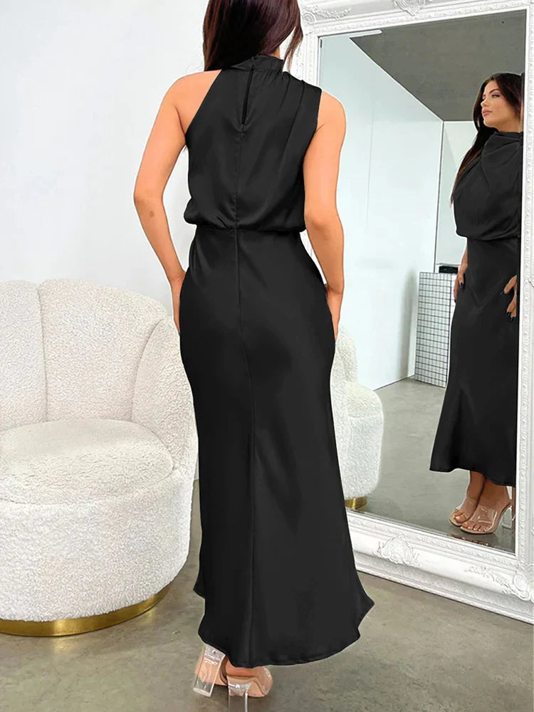 Celestine | Satin Midi Dress with Asymmetrical Neckline
