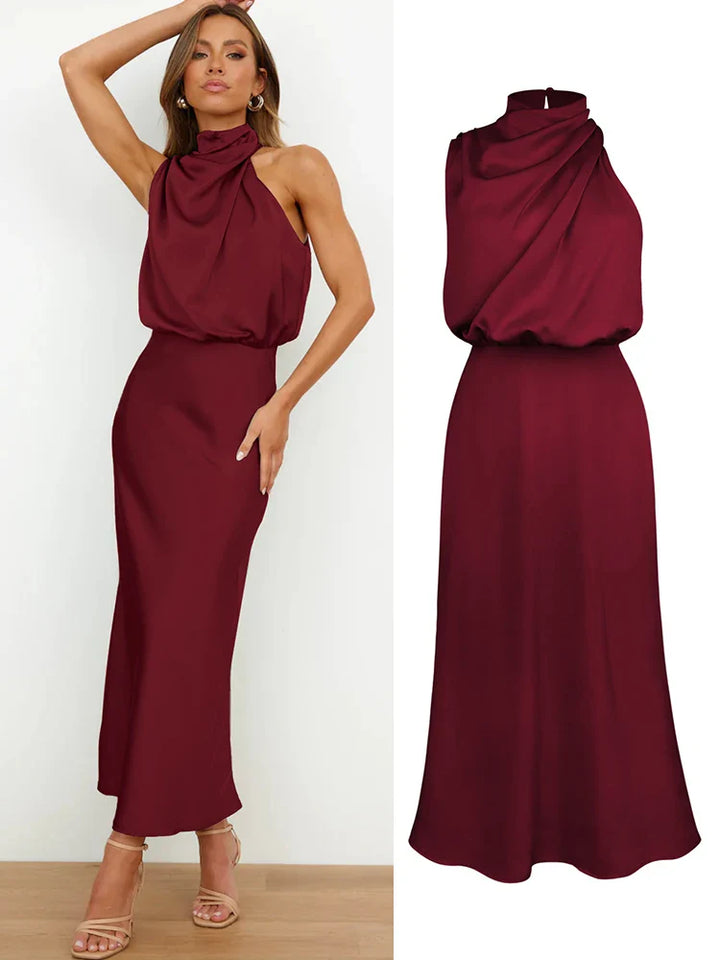Celestine | Satin Midi Dress with Asymmetrical Neckline