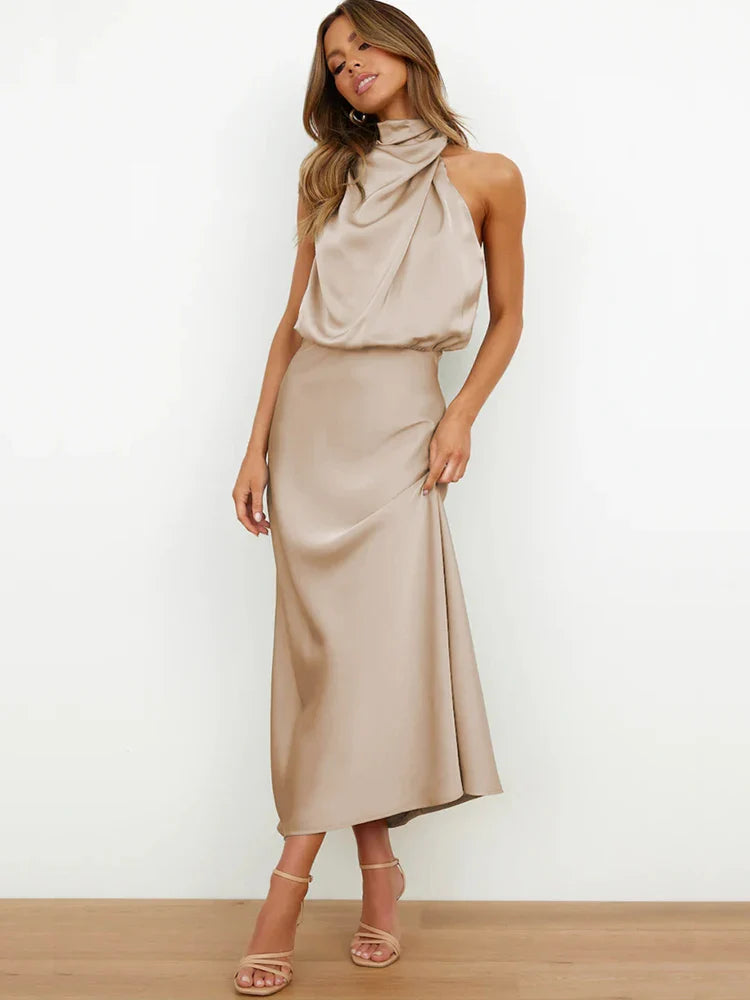 Celestine | Satin Midi Dress with Asymmetrical Neckline