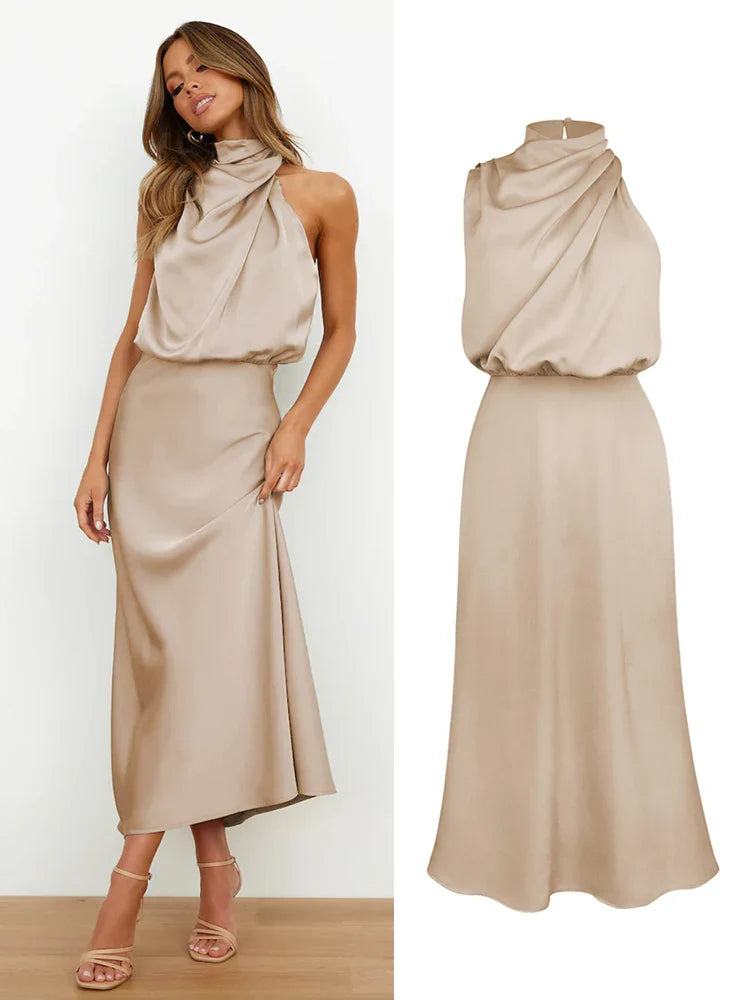 Celestine | Satin Midi Dress with Asymmetrical Neckline