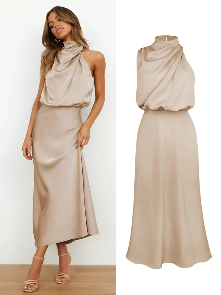 Celestine | Satin Midi Dress with Asymmetrical Neckline