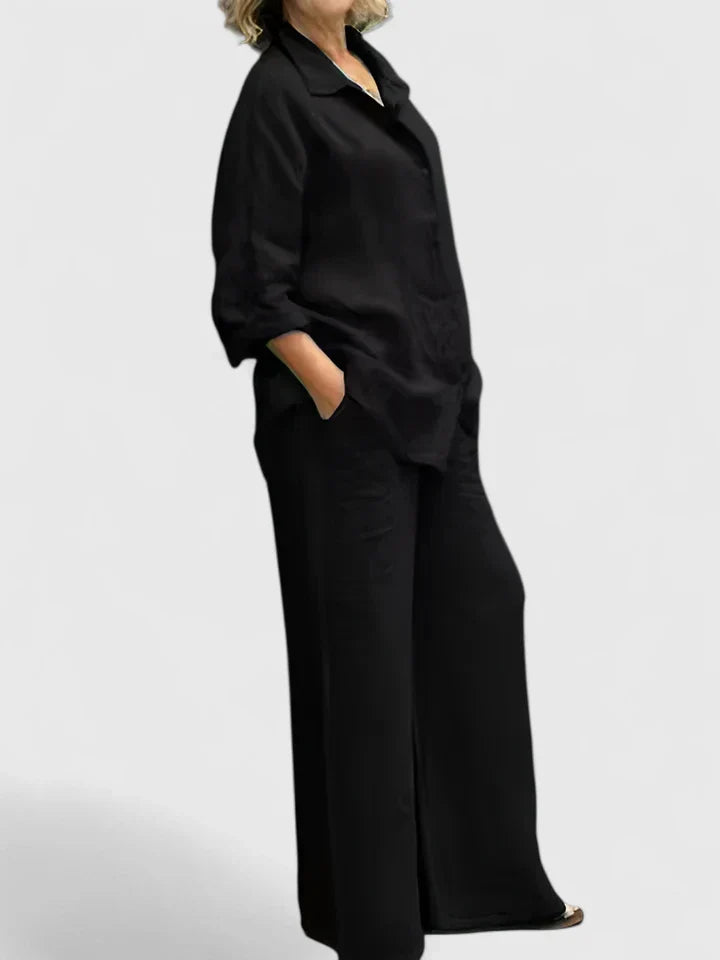 Iwona | Women's Linen Set with Shirt and Wide Trousers