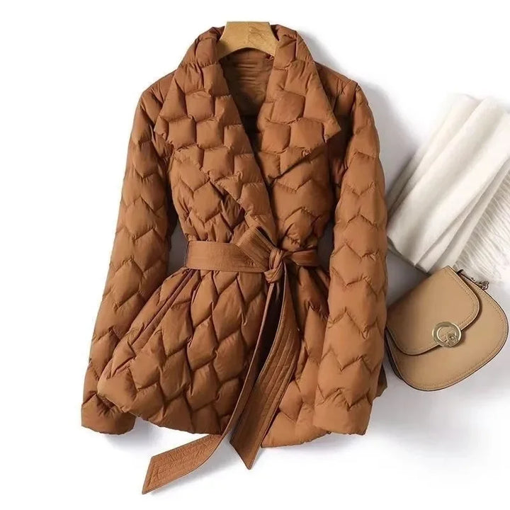 Women's Quilted Padded Jacket with Tie Belt