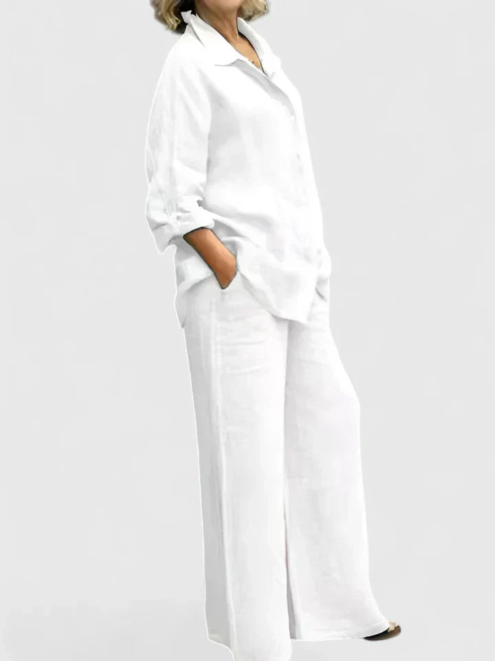Iwona | Women's Linen Set with Shirt and Wide Trousers