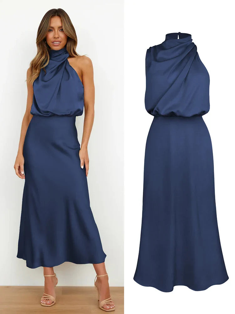 Celestine | Satin Midi Dress with Asymmetrical Neckline