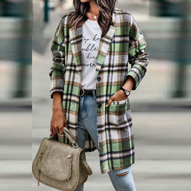 Women's Button Front Plaid Coat