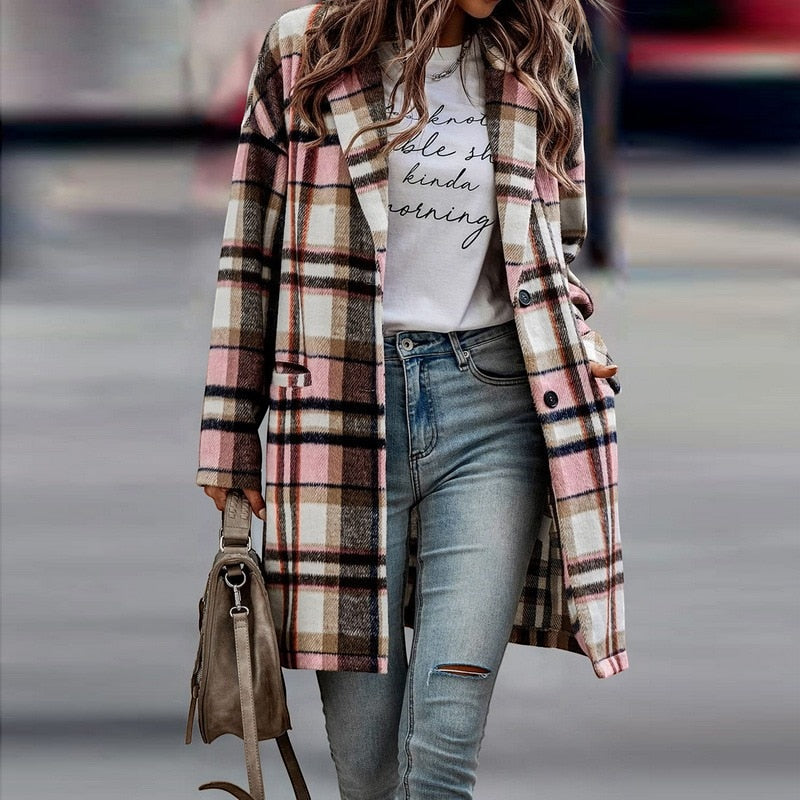 Women's Button Front Plaid Coat