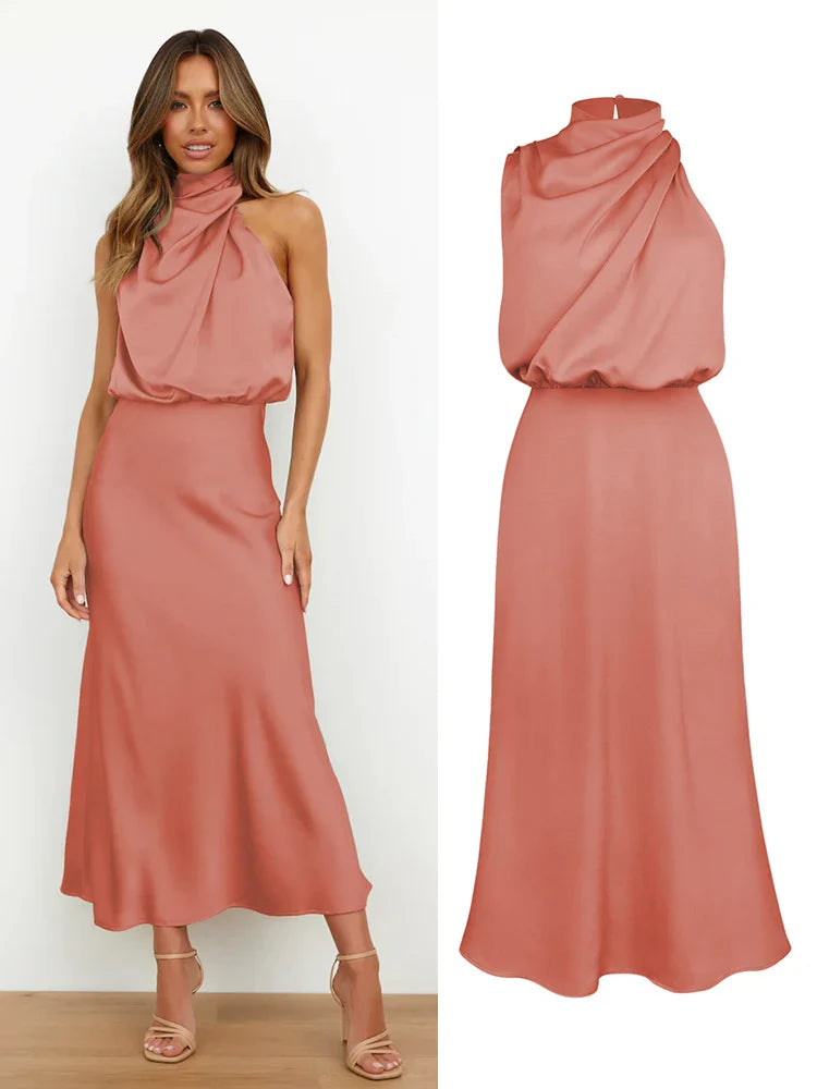 Celestine | Satin Midi Dress with Asymmetrical Neckline