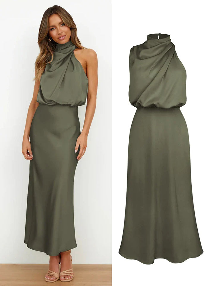 Celestine | Satin Midi Dress with Asymmetrical Neckline