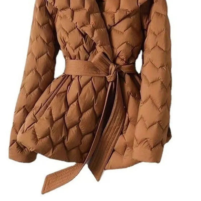 Women's Quilted Padded Jacket with Tie Belt