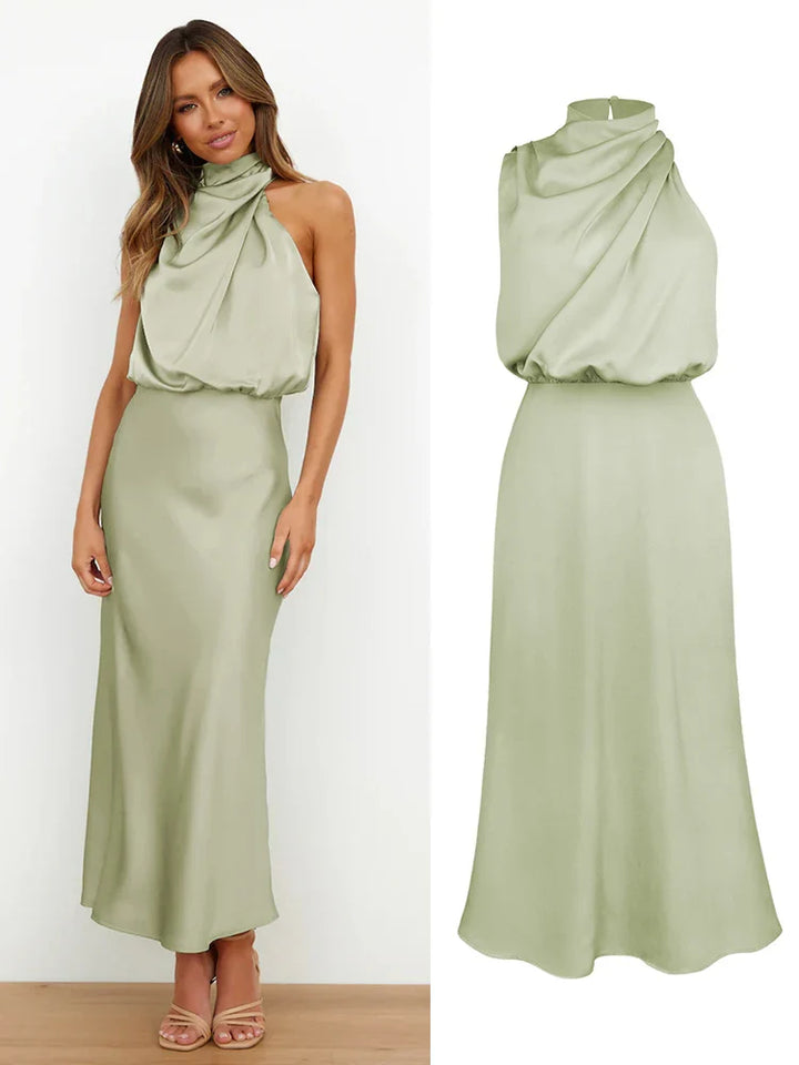 Celestine | Satin Midi Dress with Asymmetrical Neckline