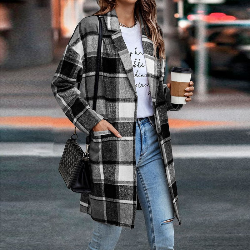 Women's Button Front Plaid Coat