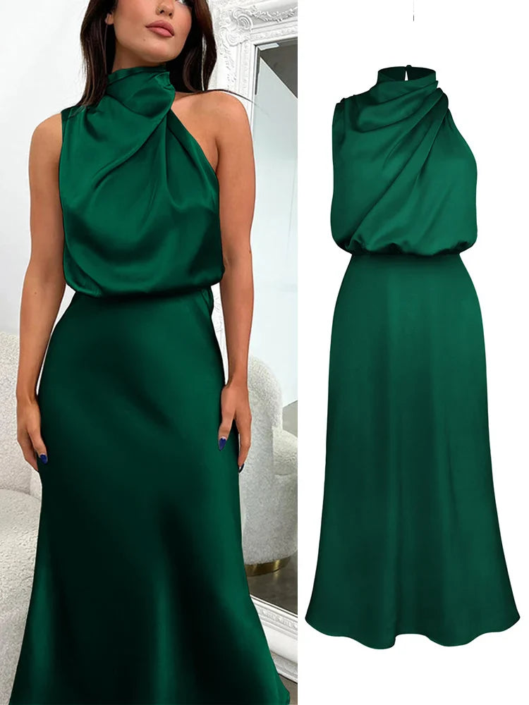 Celestine | Satin Midi Dress with Asymmetrical Neckline