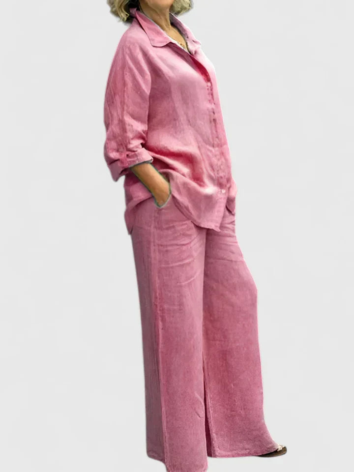 Iwona | Women's Linen Set with Shirt and Wide Trousers