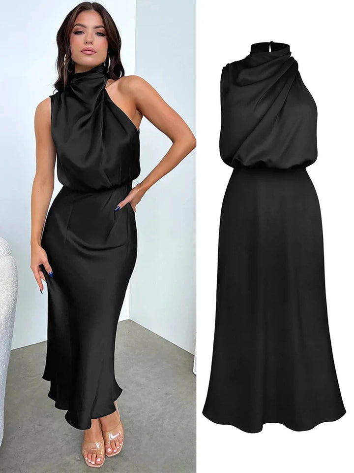 Celestine | Satin Midi Dress with Asymmetrical Neckline