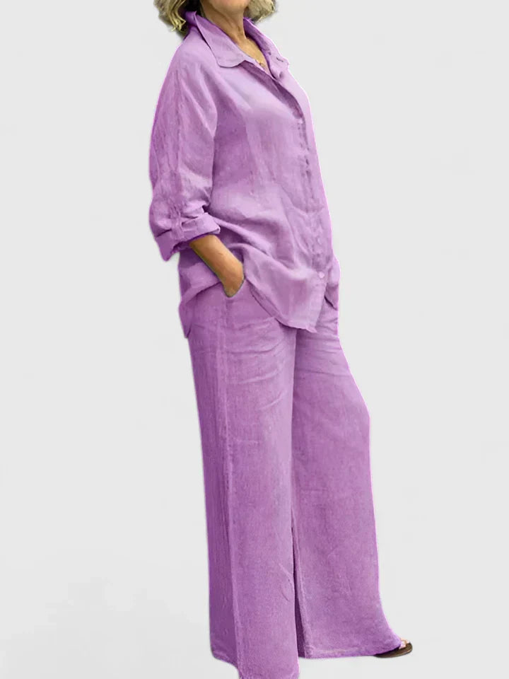 Iwona | Women's Linen Set with Shirt and Wide Trousers