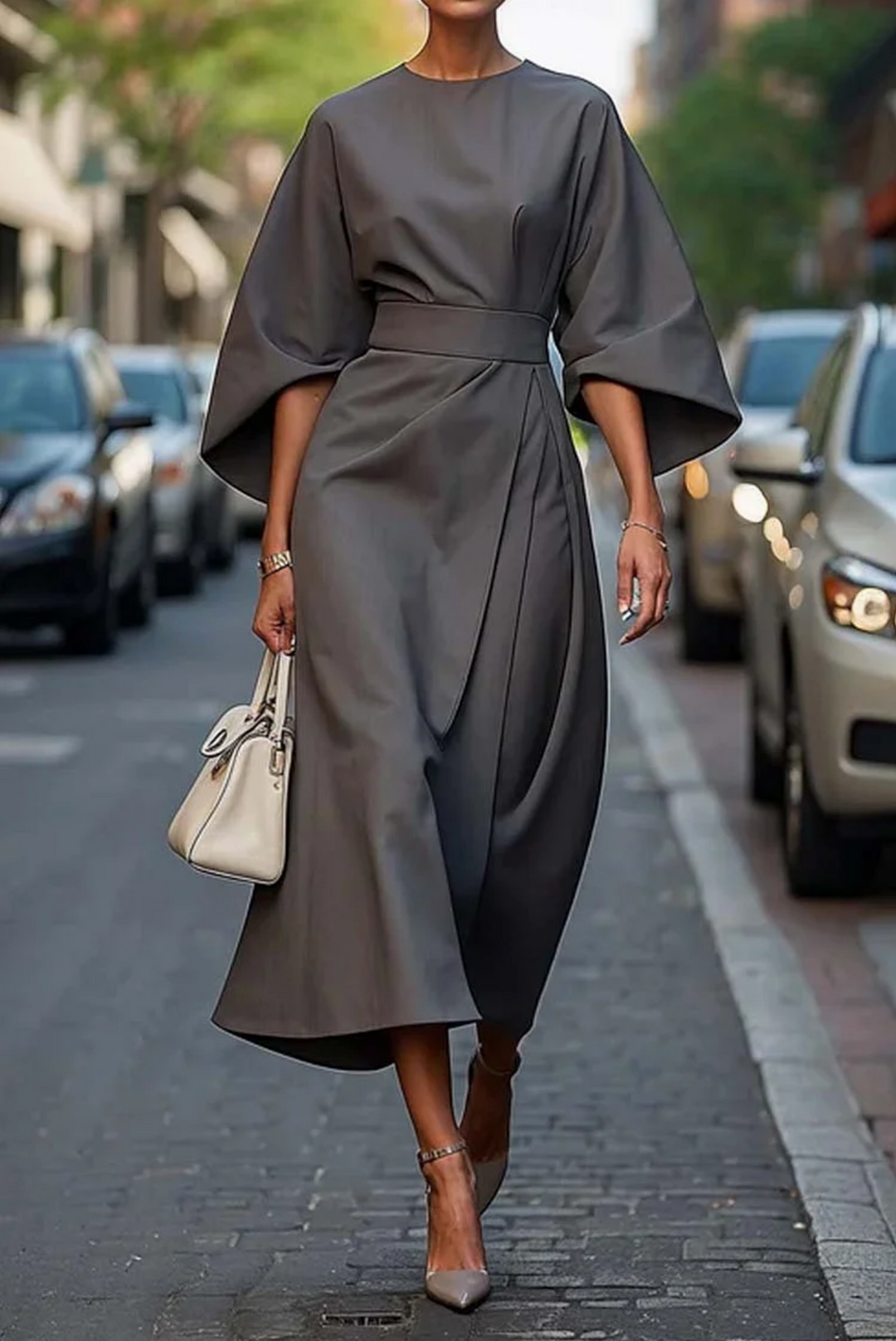Women's Dress with Lantern Sleeves and Belt