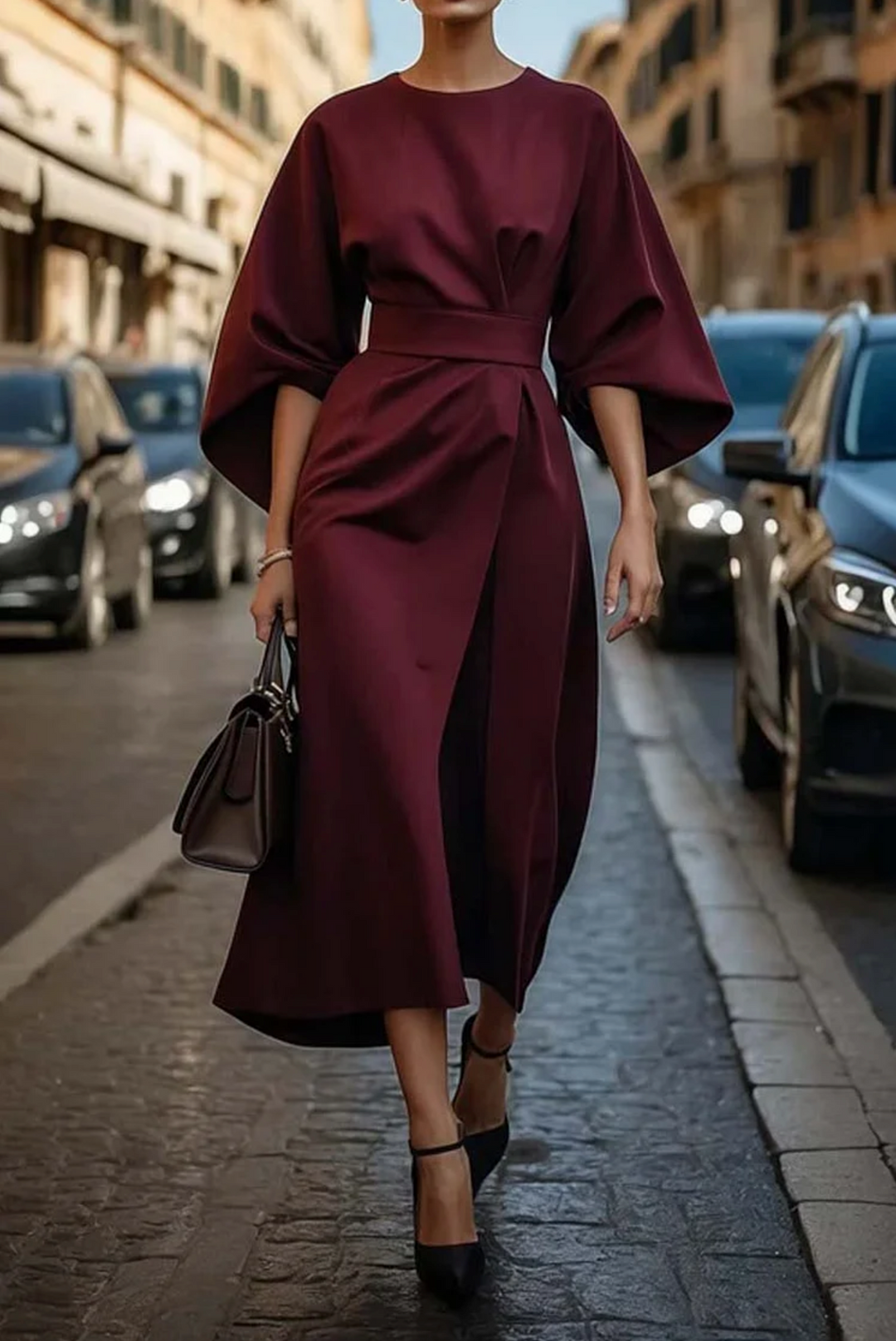 Women's Dress with Lantern Sleeves and Belt