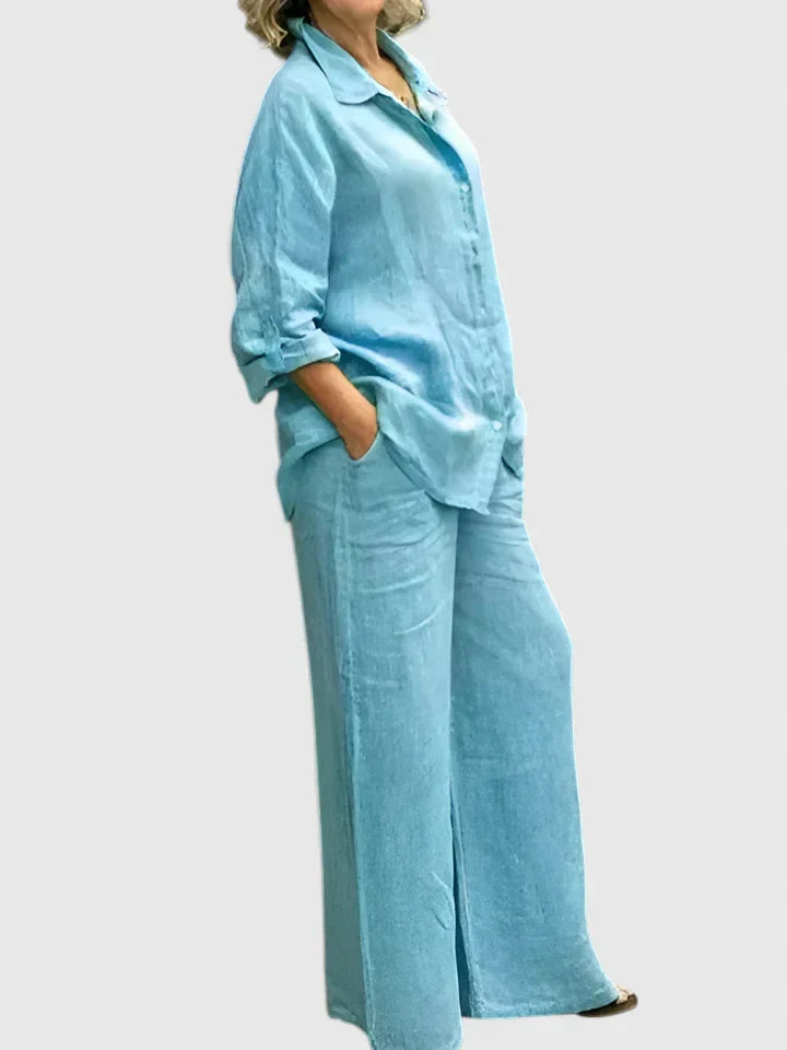 Iwona | Women's Linen Set with Shirt and Wide Trousers