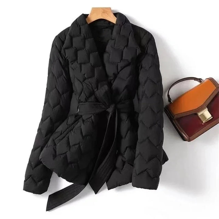 Women's Quilted Padded Jacket with Tie Belt
