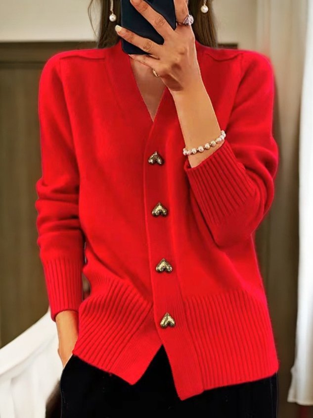 Women's V-Neck Cardigan with Heart Buttons