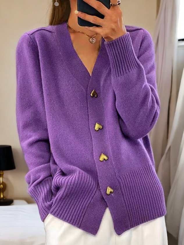 Women's V-Neck Cardigan with Heart Buttons