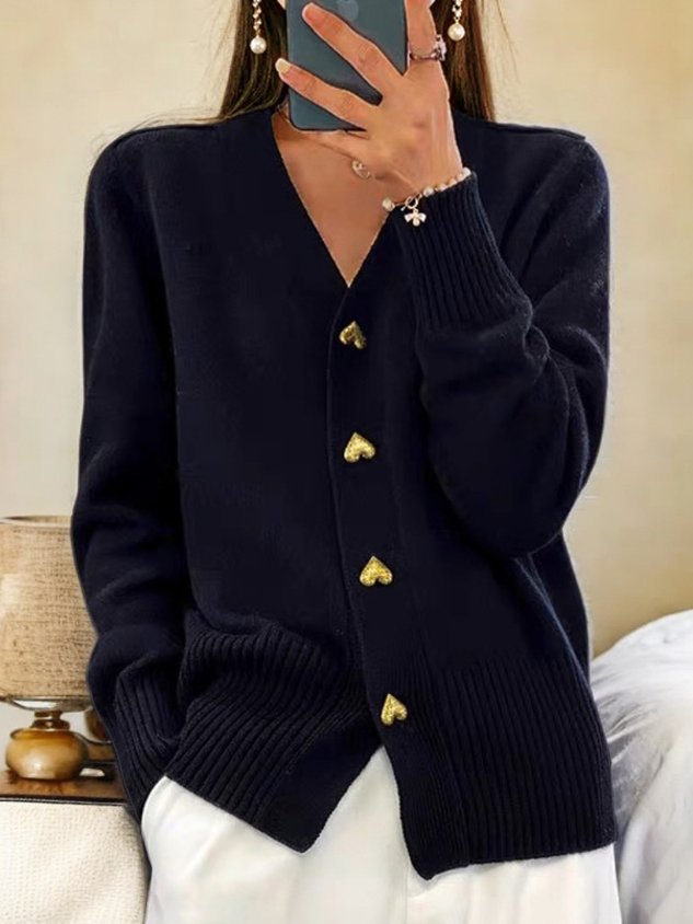 Women's V-Neck Cardigan with Heart Buttons