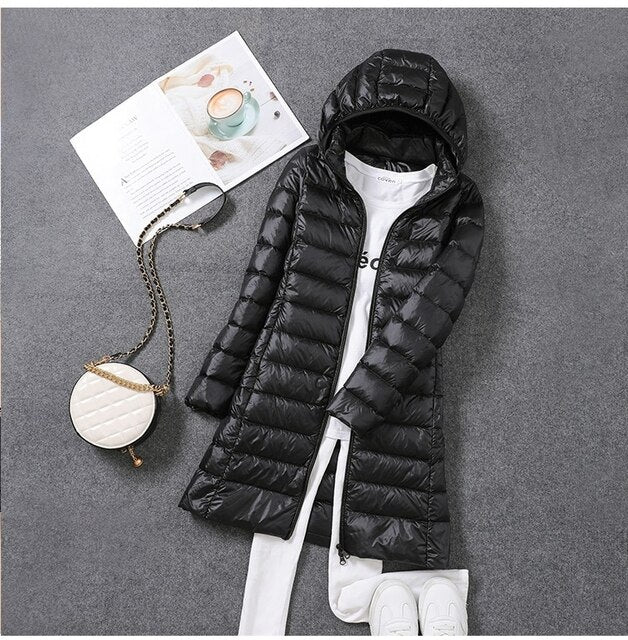 Women's Long Quilted Down Jacket with Hood