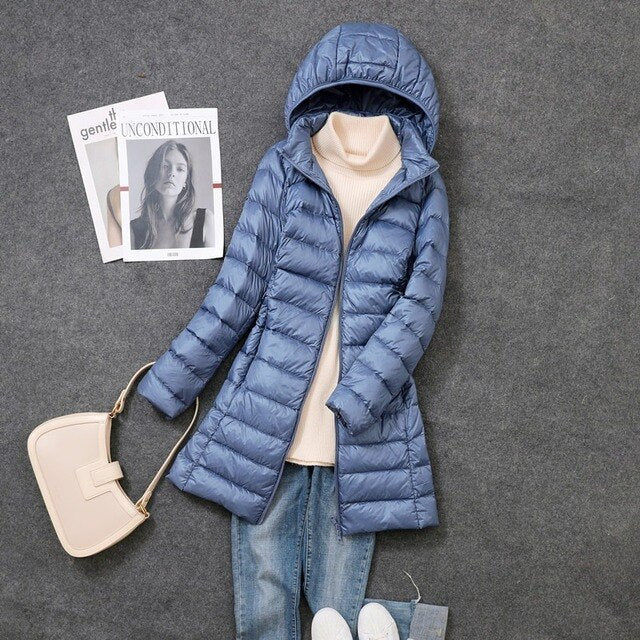 Women's Long Quilted Down Jacket with Hood
