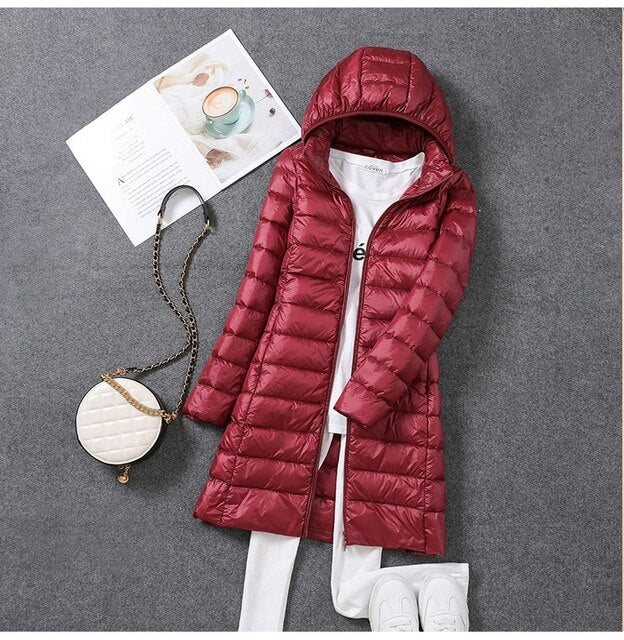 Women's Long Quilted Down Jacket with Hood