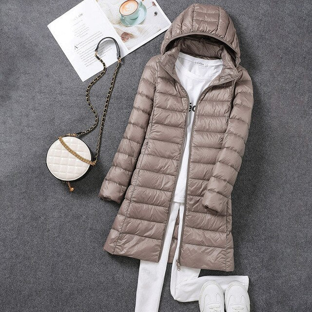 Women's Long Quilted Down Jacket with Hood