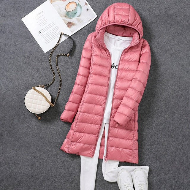 Women's Long Quilted Down Jacket with Hood
