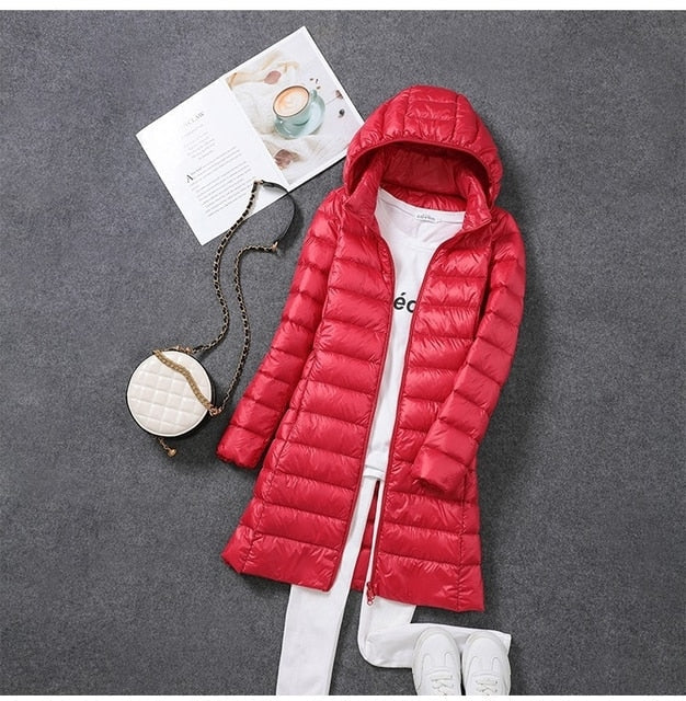 Women's Long Quilted Down Jacket with Hood