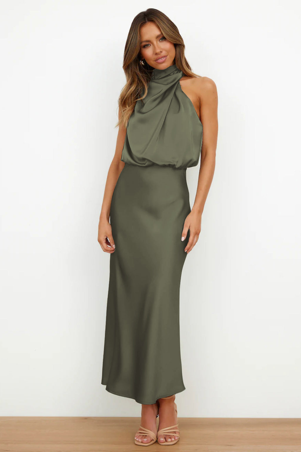 Women's Satin Halter Neck Midi Dress