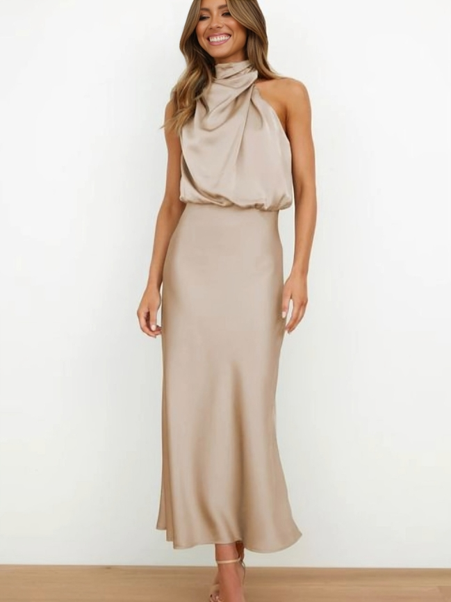 Women's Satin Halter Neck Midi Dress
