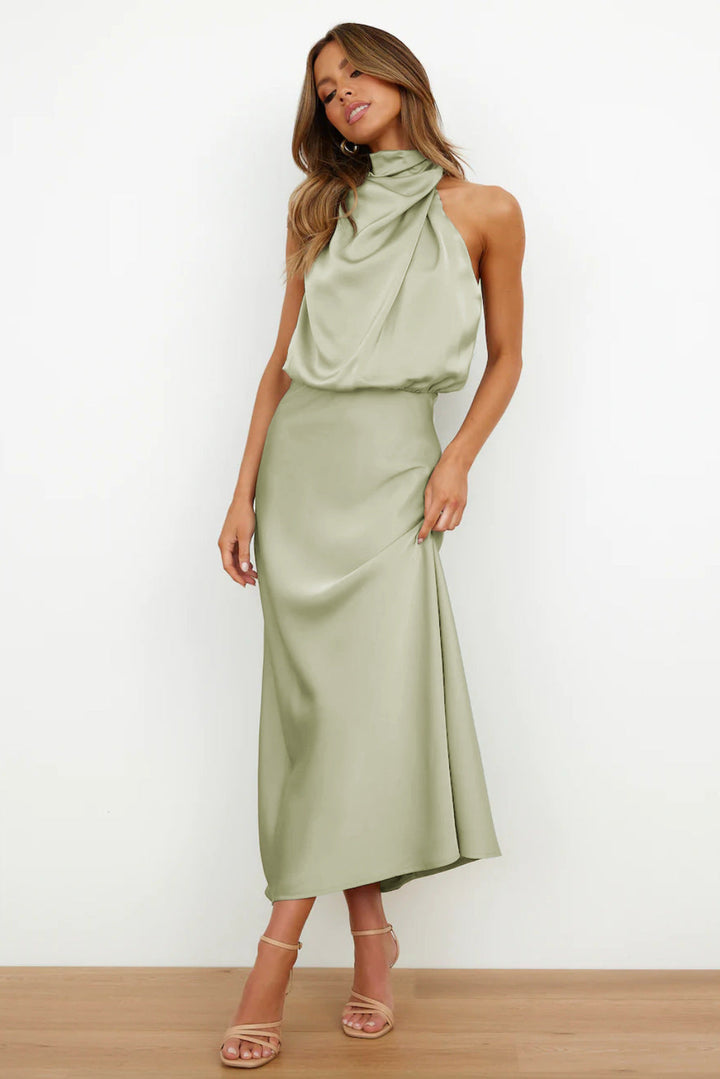 Women's Satin Halter Neck Midi Dress