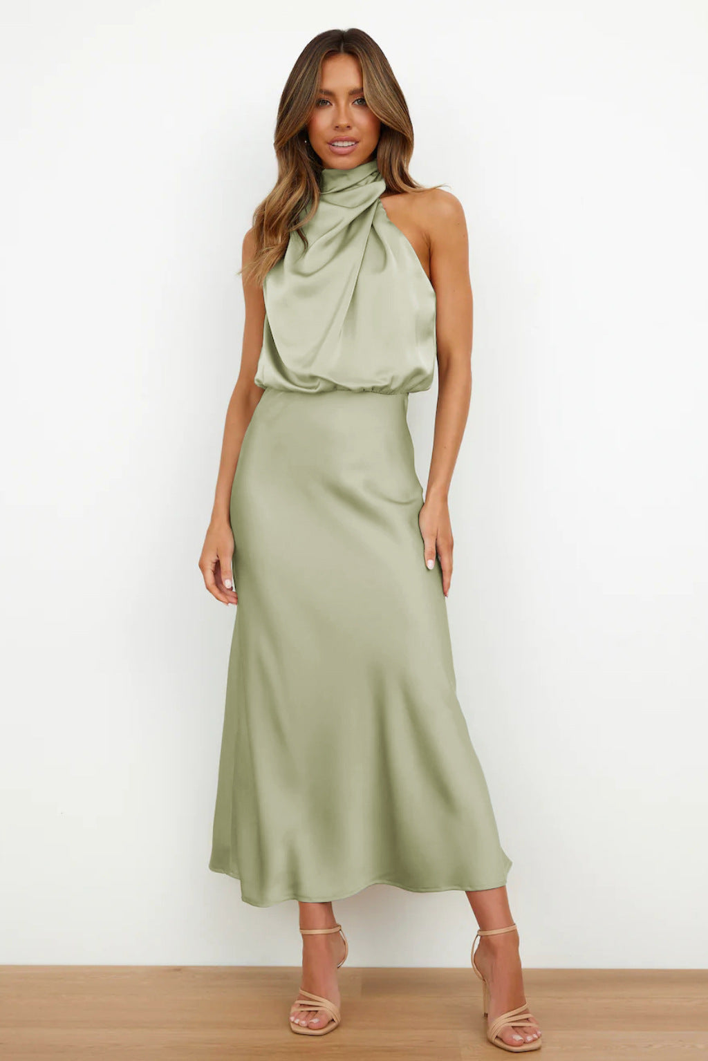Women's Satin Halter Neck Midi Dress