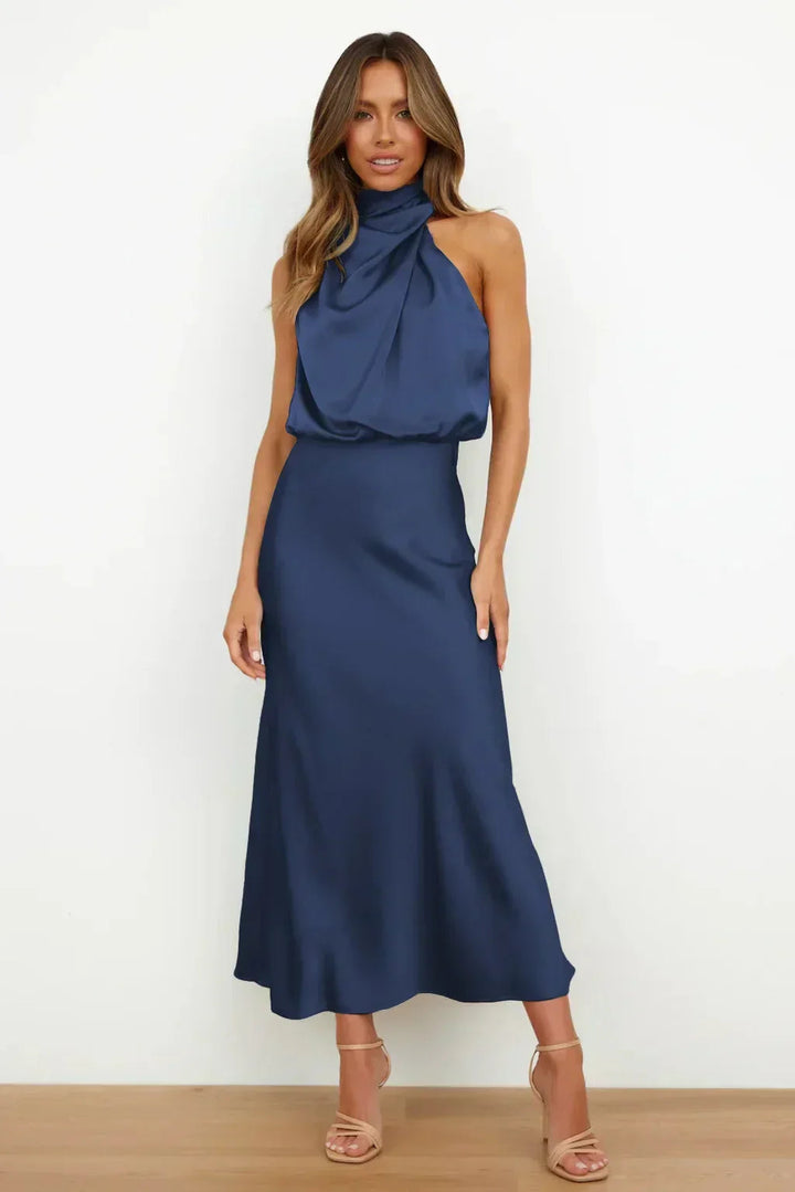 Women's Satin Halter Neck Midi Dress