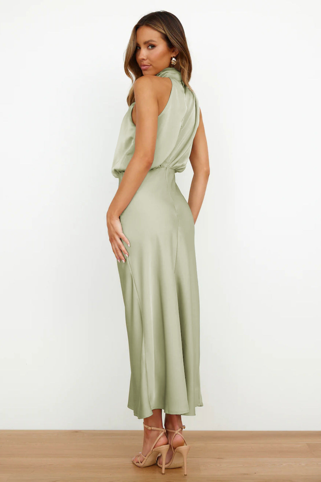 Women's Satin Halter Neck Midi Dress