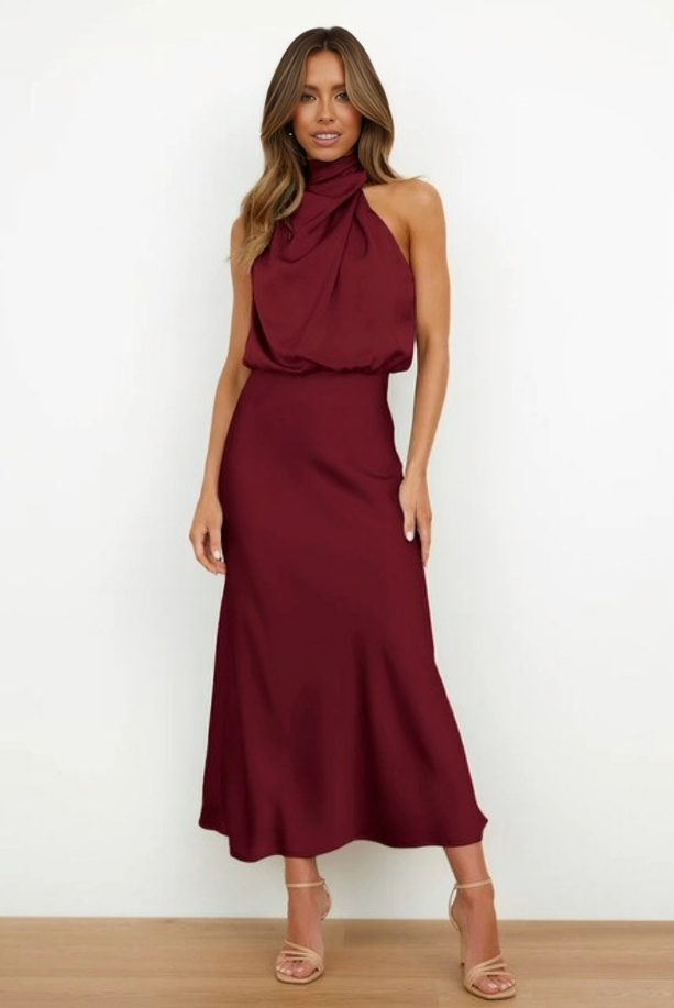 Women's Satin Halter Neck Midi Dress