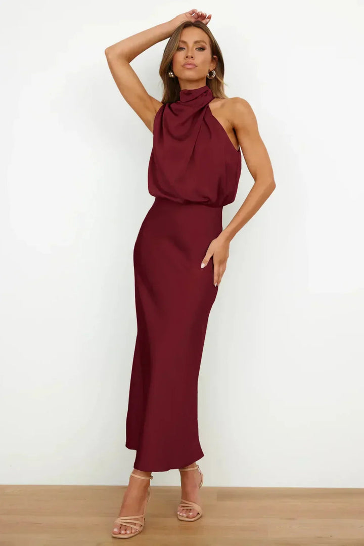Women's Satin Halter Neck Midi Dress