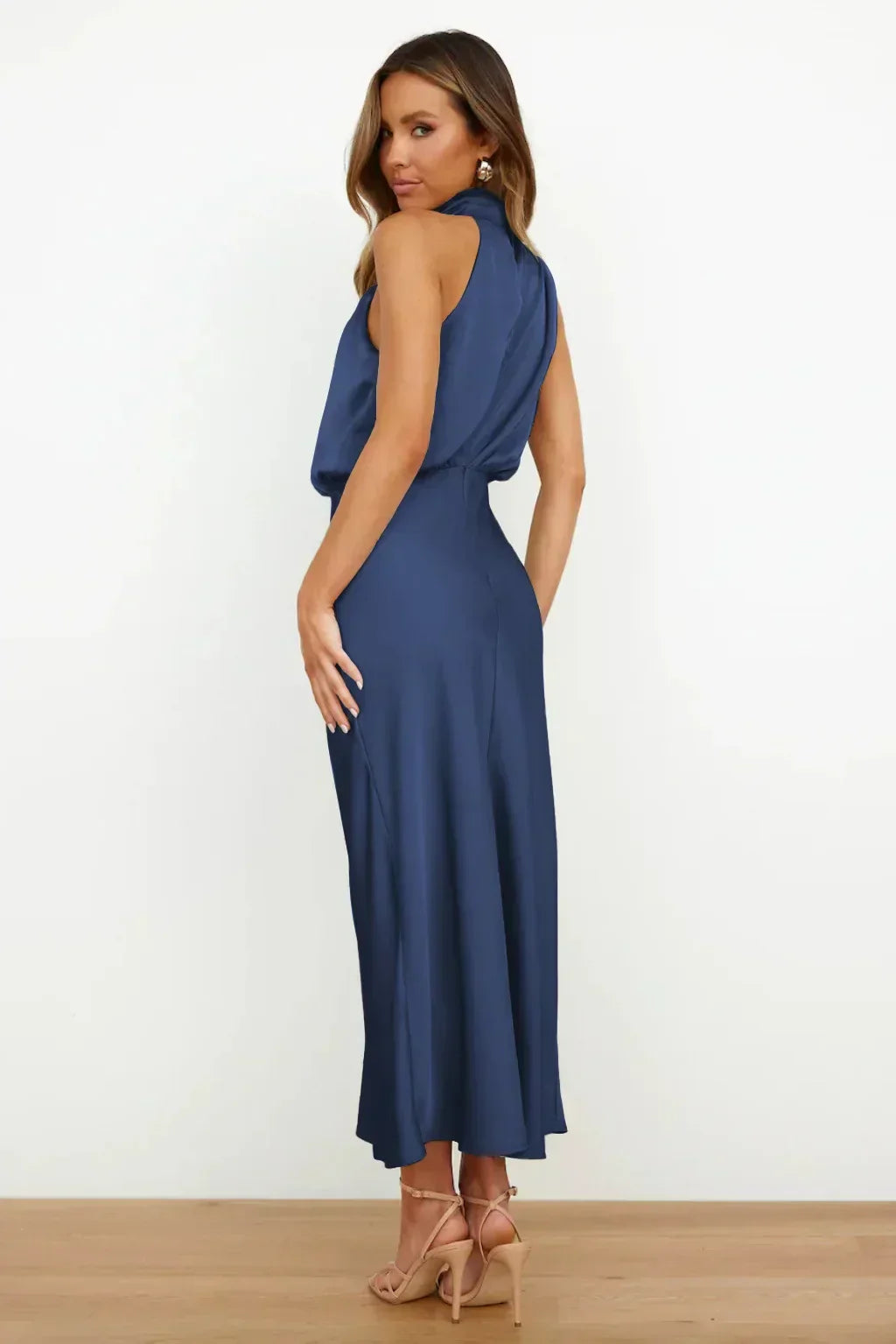 Women's Satin Halter Neck Midi Dress