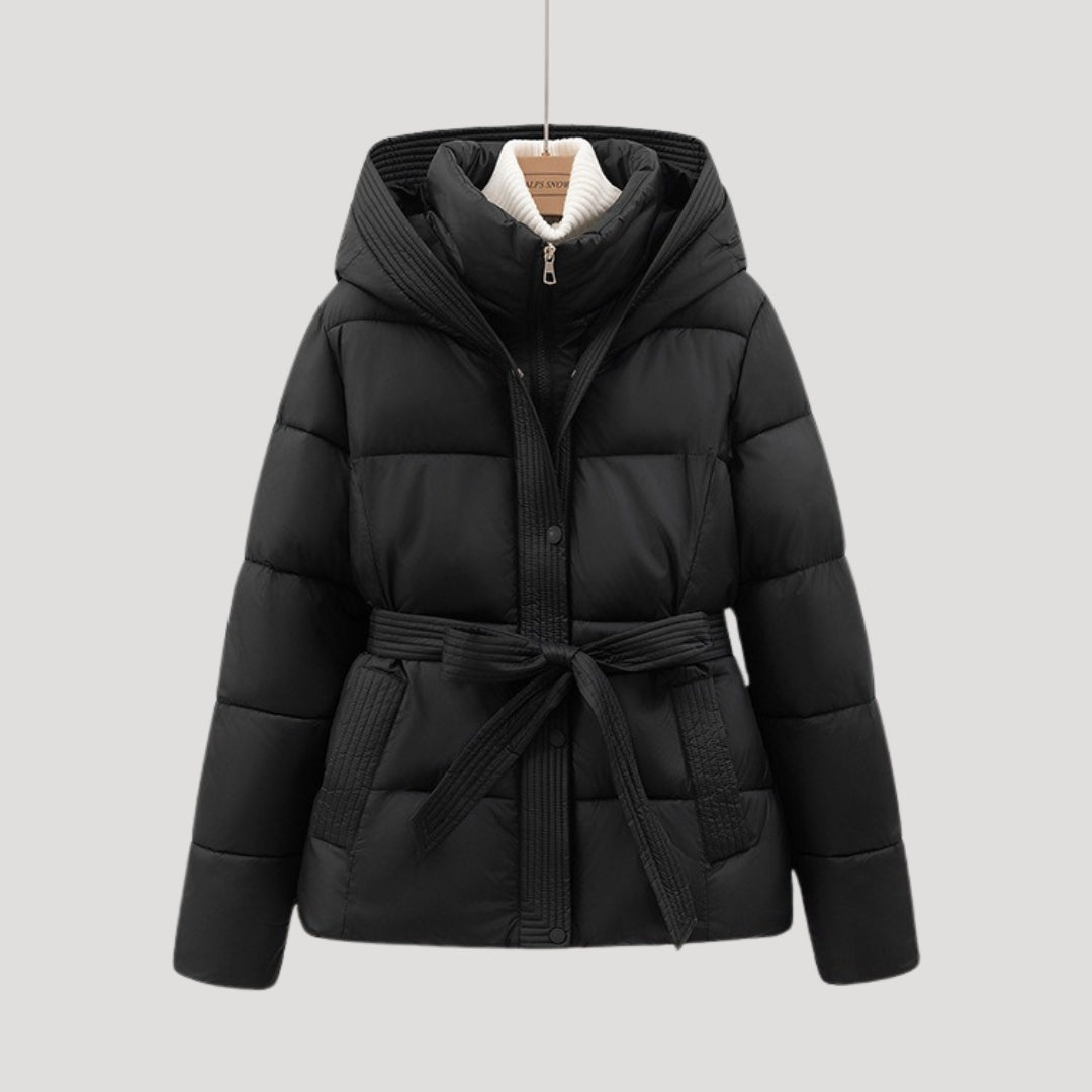 Women's Hooded Puffer Jacket with Belt