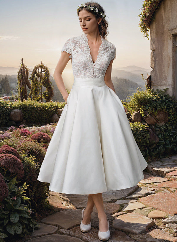 V-Neck Midi Wedding Dress