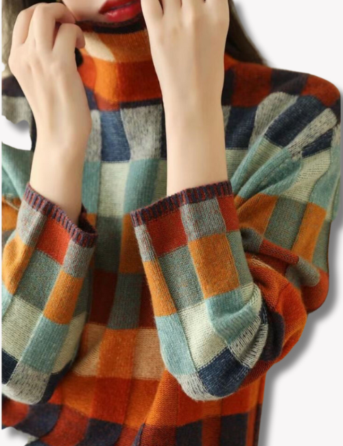 Women's Checked Knit Jumper with High Neck