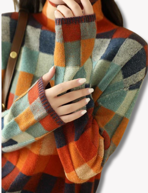 Women's Checked Knit Jumper with High Neck