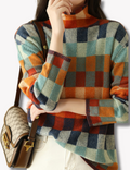 Pull en maille à carreaux pour femme avec col montant
