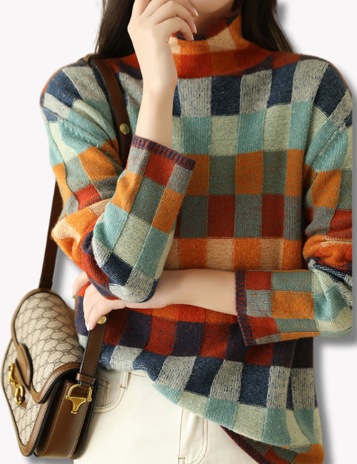 Women's Checked Knit Jumper with High Neck