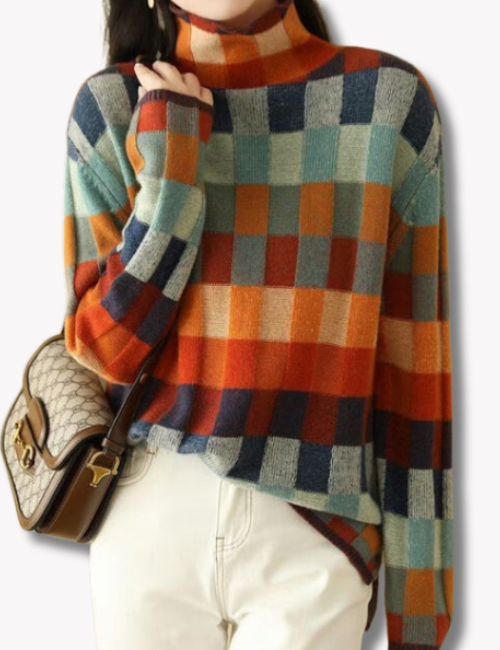 Women's Checked Knit Jumper with High Neck