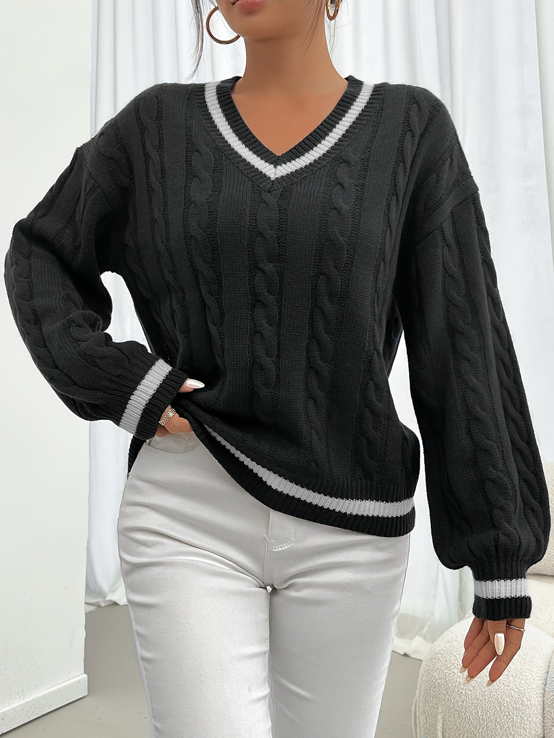 Women's Cable Knit V-Neck Jumper